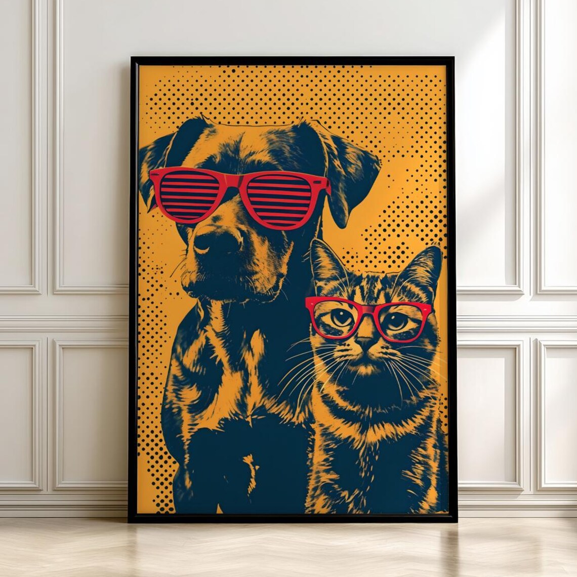 Adorable Dog and Cat Best Friends in Red Glasses Pop Art Poster