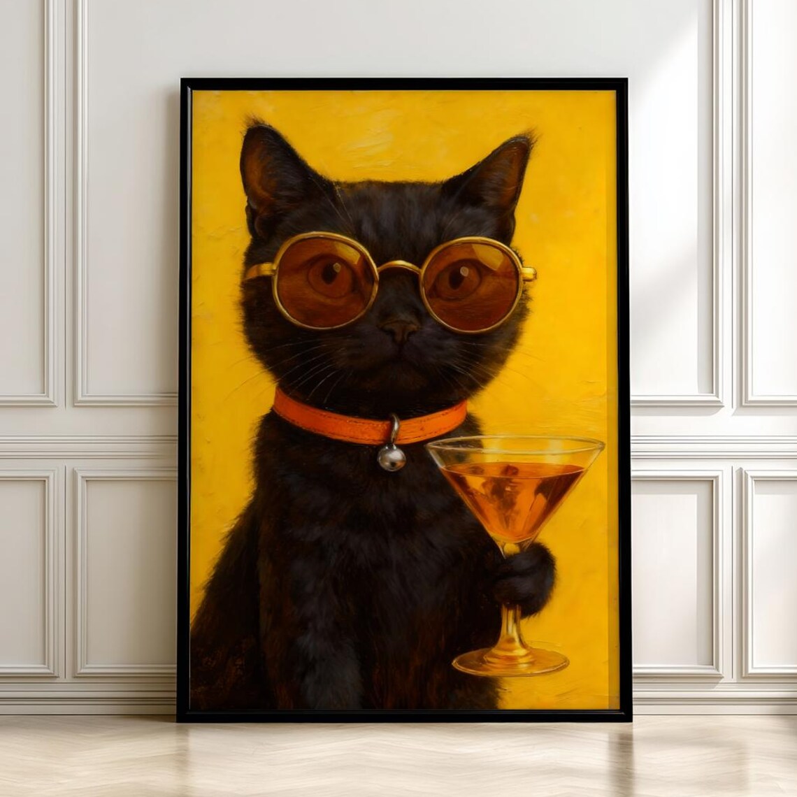 Cool Black Cat In Sunglasses Holding Cocktail Party Style Art Poster