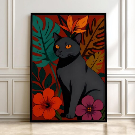 Black Cat Among Bold Tropical Flowers And Leaves Jungle Style Art Poster