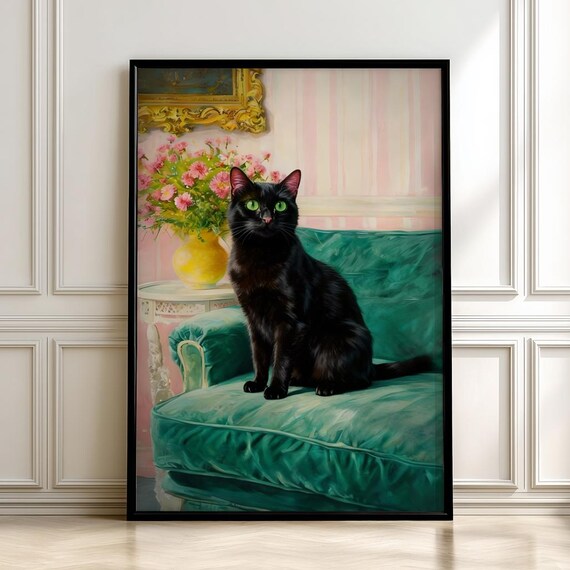 Black Cat on Green Velvet Sofa Classic Oil Painting Style Poster