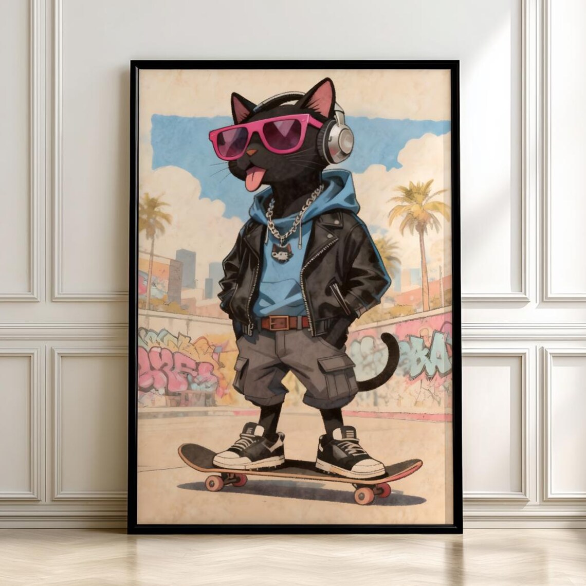 Skater Black Cat Street Style With Headphones And Skateboard Art Poster