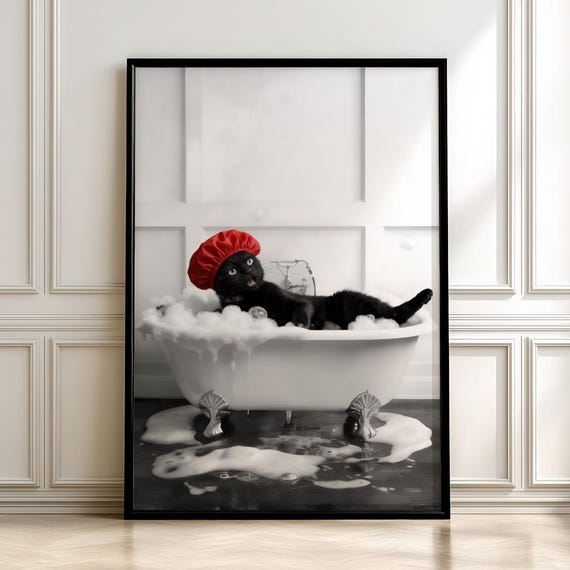 Funny Black Cat Bubble Bath Art Print