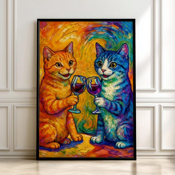 Two Cats Toasting Wine Glasses Colorful Oil Painting Fun Poster
