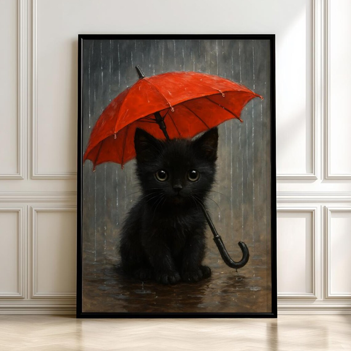 Black Kitten Watercolor Art Print, Cozy Retro Cat