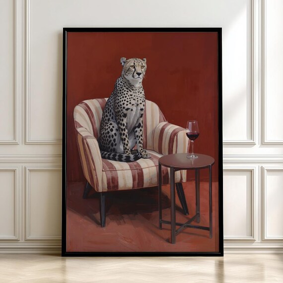 Cheetah Lounging On Armchair Red Wine Funny Animal Art Poster