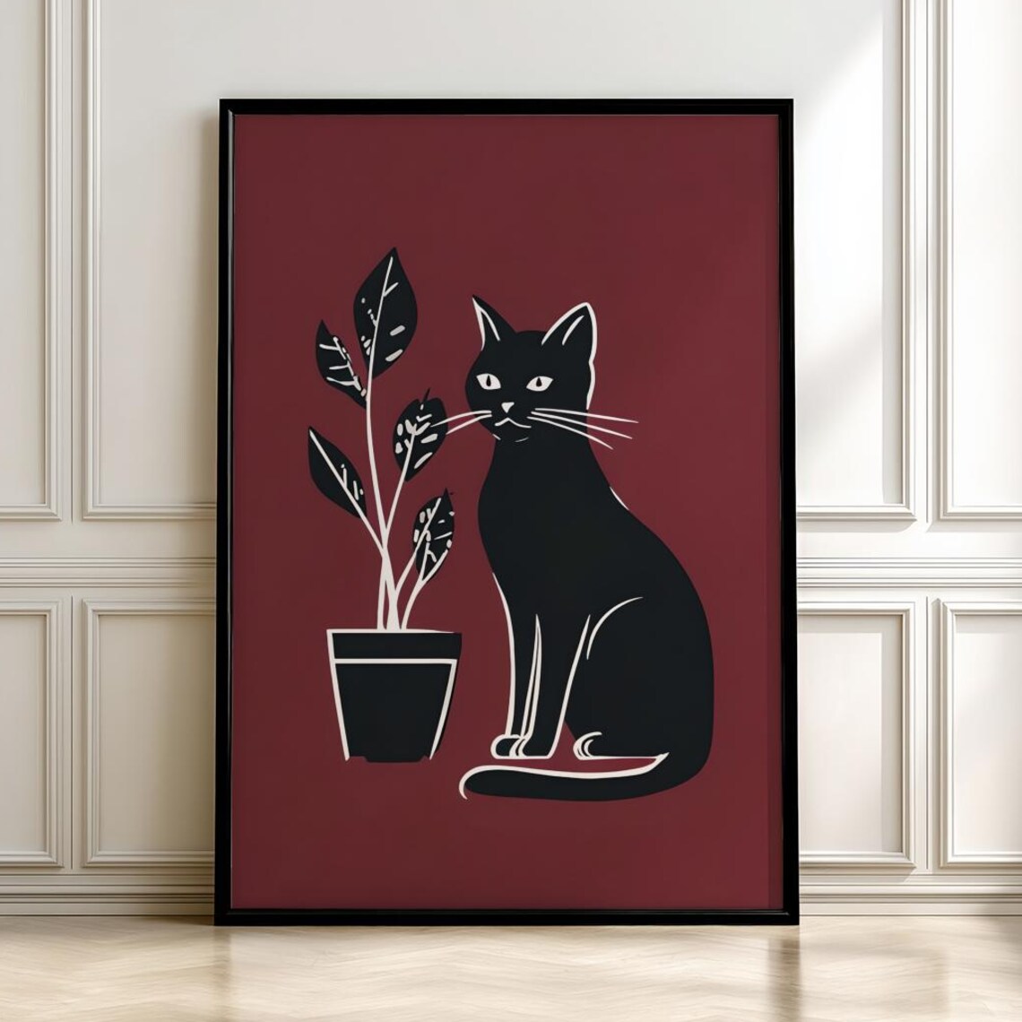 Black Cat Houseplant Art Print, Minimalist Modern