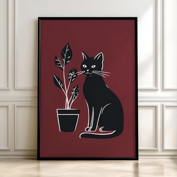 Black Cat Houseplant Art Print, Minimalist Modern