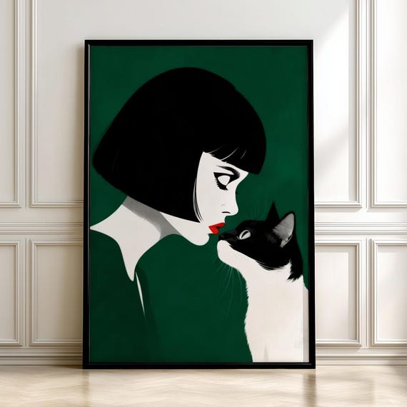 Minimalist Woman And Cat Poster Mid Century Modern Artdigital