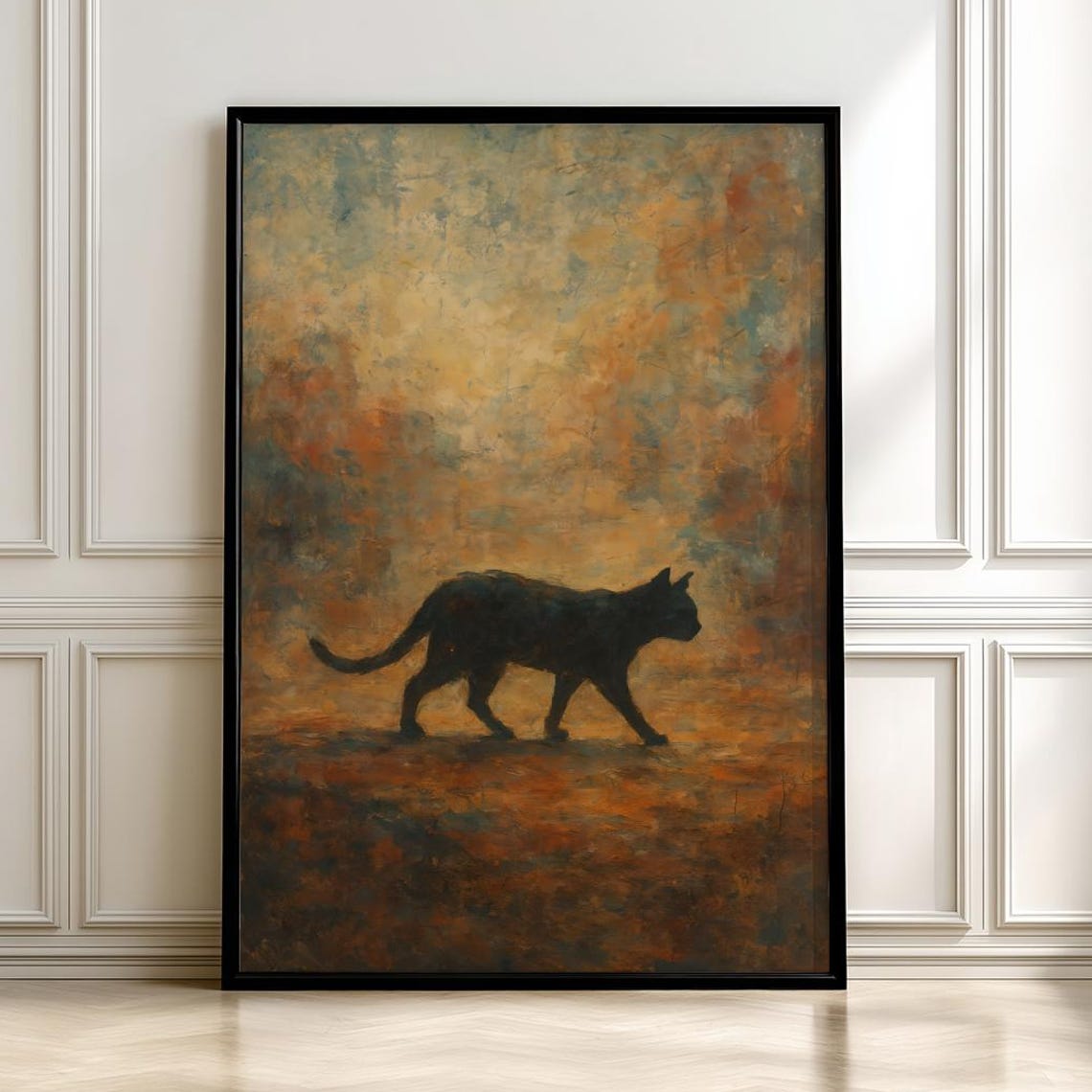 Black Cat Silhouette Moody Autumn Painterly Walking Art Poster