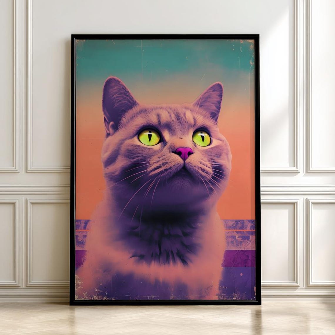 Psychedelic Cat Portrait Neon Eyes Vibrant Pop Art Style Cat Poster
