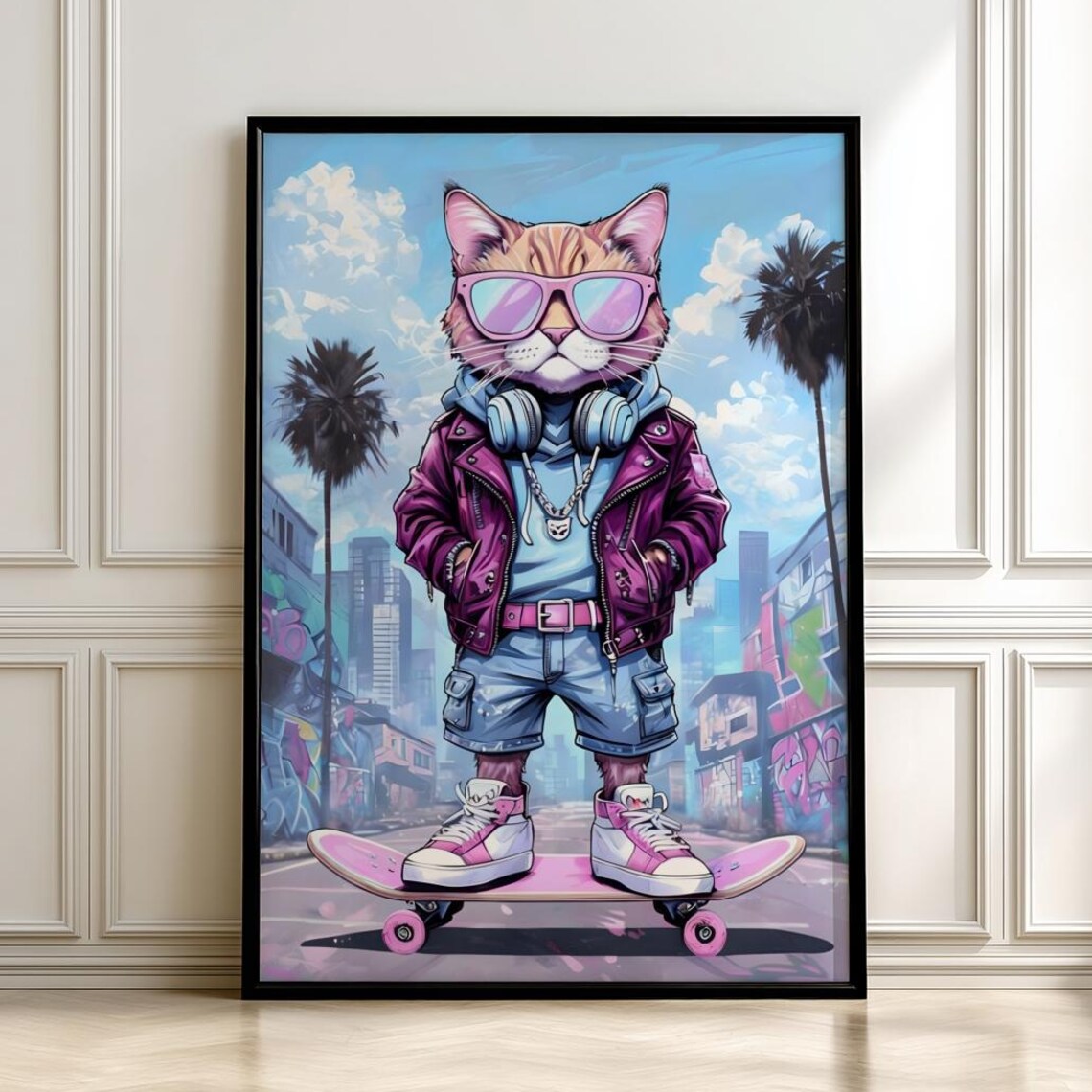 Cool Cat Skateboard Pink Jacket Street Style Funny Art Poster