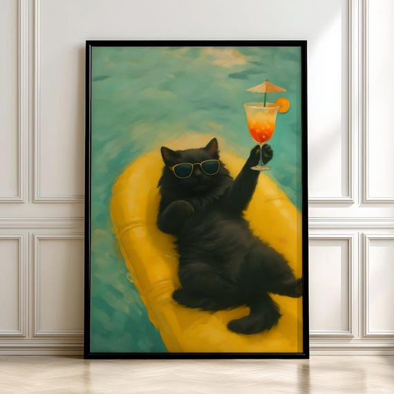 Black Cat Pool Float Cocktail Sunglasses Funny Summer Art Poster
