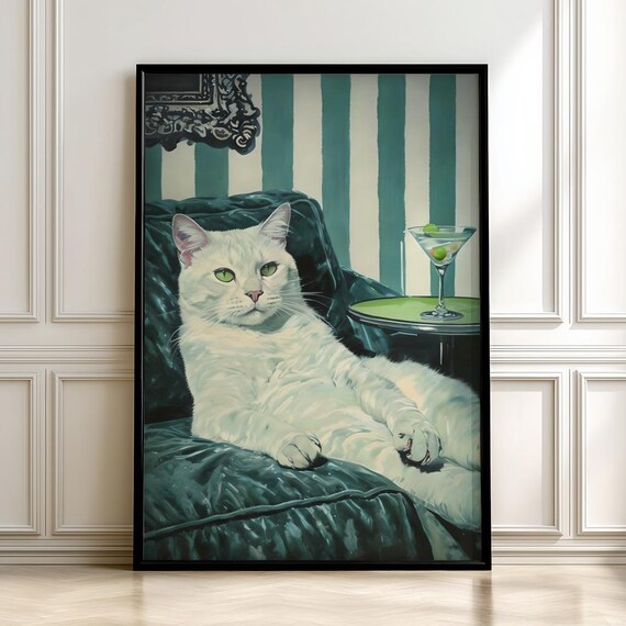 Retro Cat Lounge Art Print Funny Cocktail Posterdigital