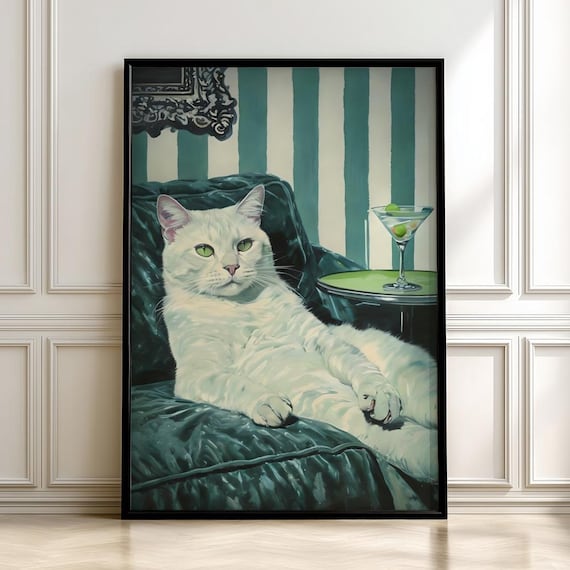 White Cat Lounging On Velvet Chair Martini Funny Animal Art Poster