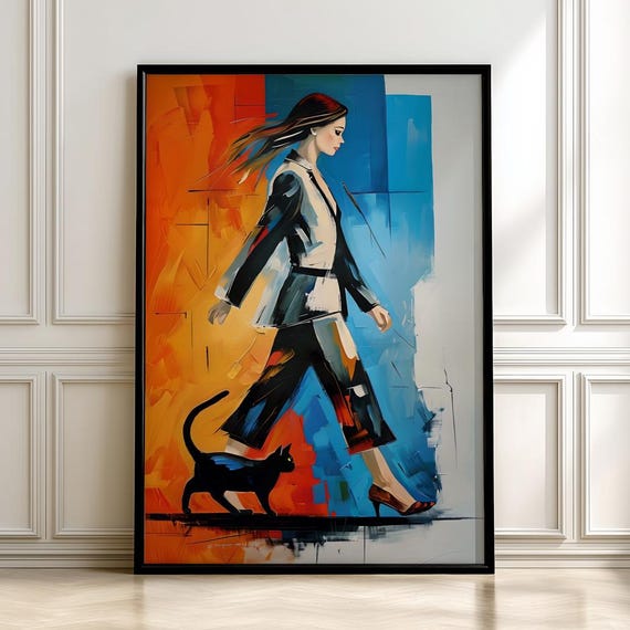Abstract Woman With Black Cat Art Print Bold Modern Fashion Posterdigital