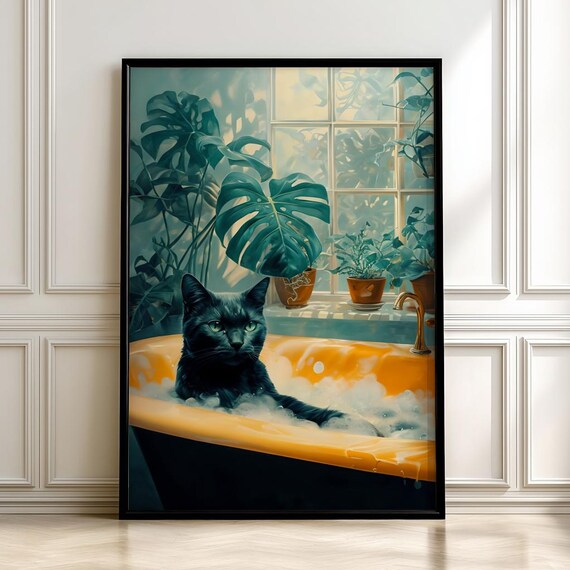 Black Cat In Vintage Bathtub Art Print Botanical Bathroom Wall Decordigital