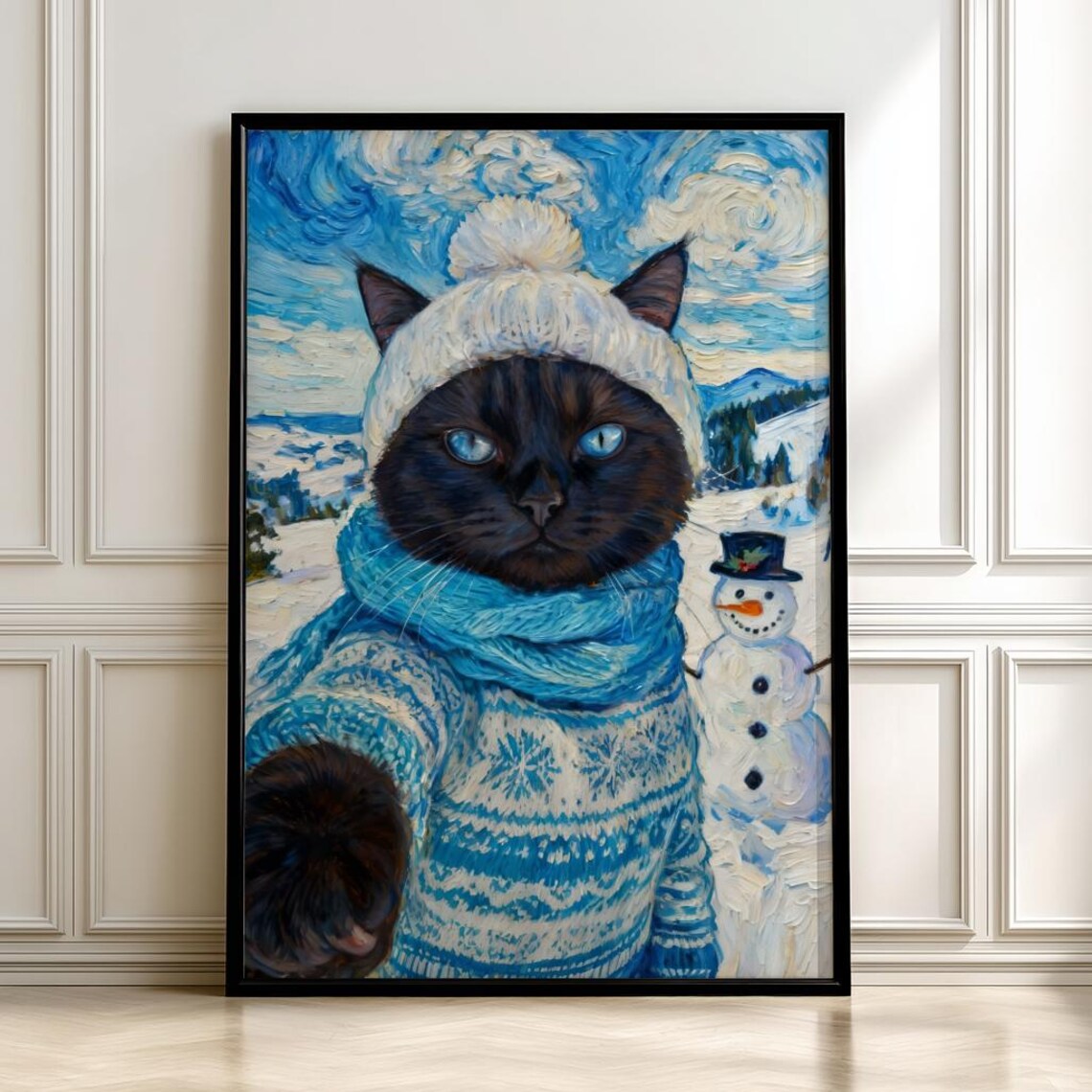 Snow Cat Poster Print, Whimsical Winter Painting