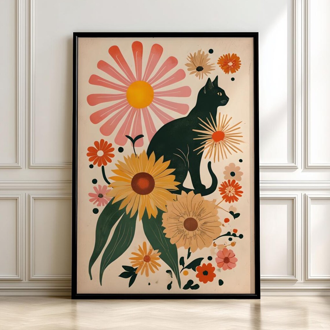 Black Cat Floral Art Print Boho Retro Botanical Posterdigital