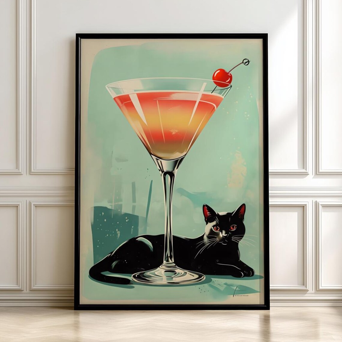 Black Cat Martini Cocktail Retro Mid Century Bar Scene Art Poster