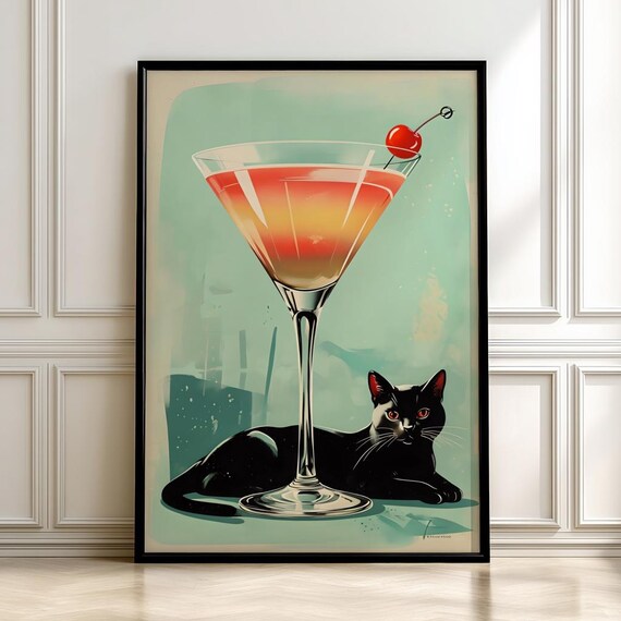 Black Cat Martini Cocktail Retro Mid Century Bar Scene Art Poster