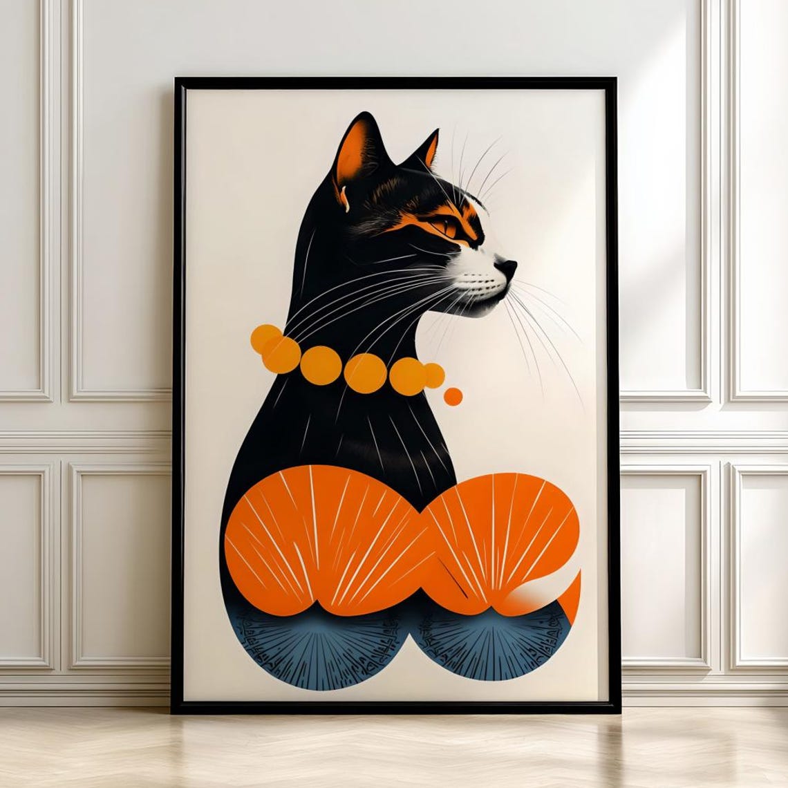 Mid Century Modern Cat Orange Accent Graphic Minimalist Art Poster