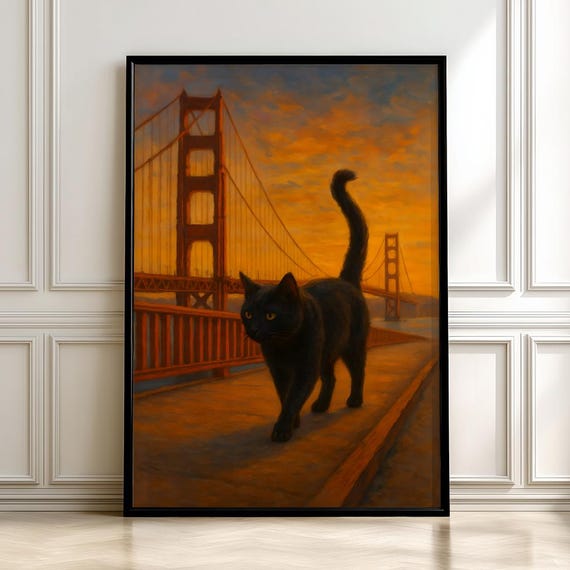 Bridge Sunset Cat Art Print
