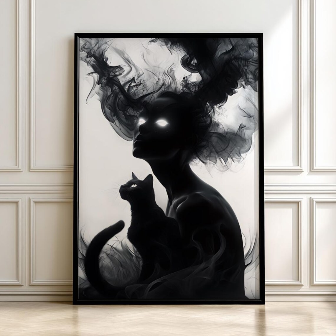 Mystical Halloween Spooky Girl And Black Cat Art Print