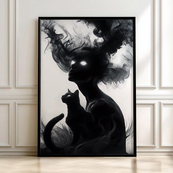 Mystical Halloween Spooky Girl And Black Cat Art Print