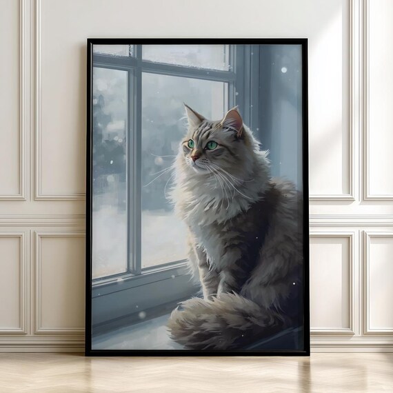 Fluffy Long Haired Cat On Snowy Windowsill Cozy Winter Style Art Poster