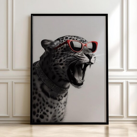 Fierce Leopard in Red Sunglasses Roaring Chic Wildlife Poster