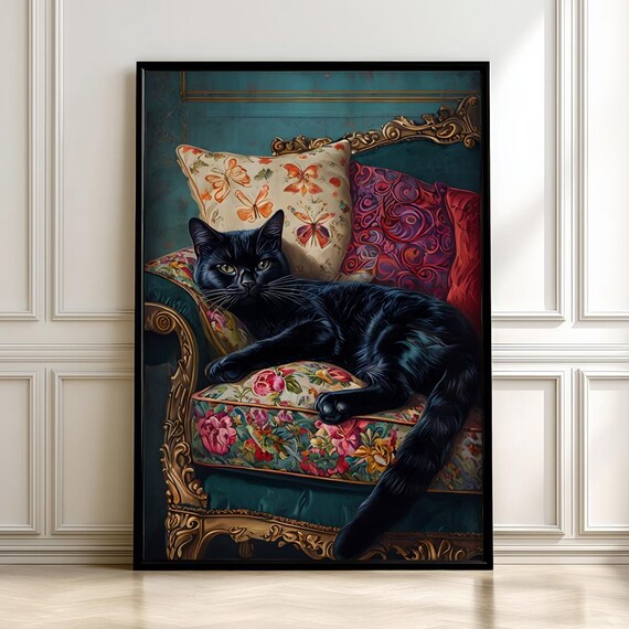 Floral Vintage Black Cat Poster Print, Whimsical