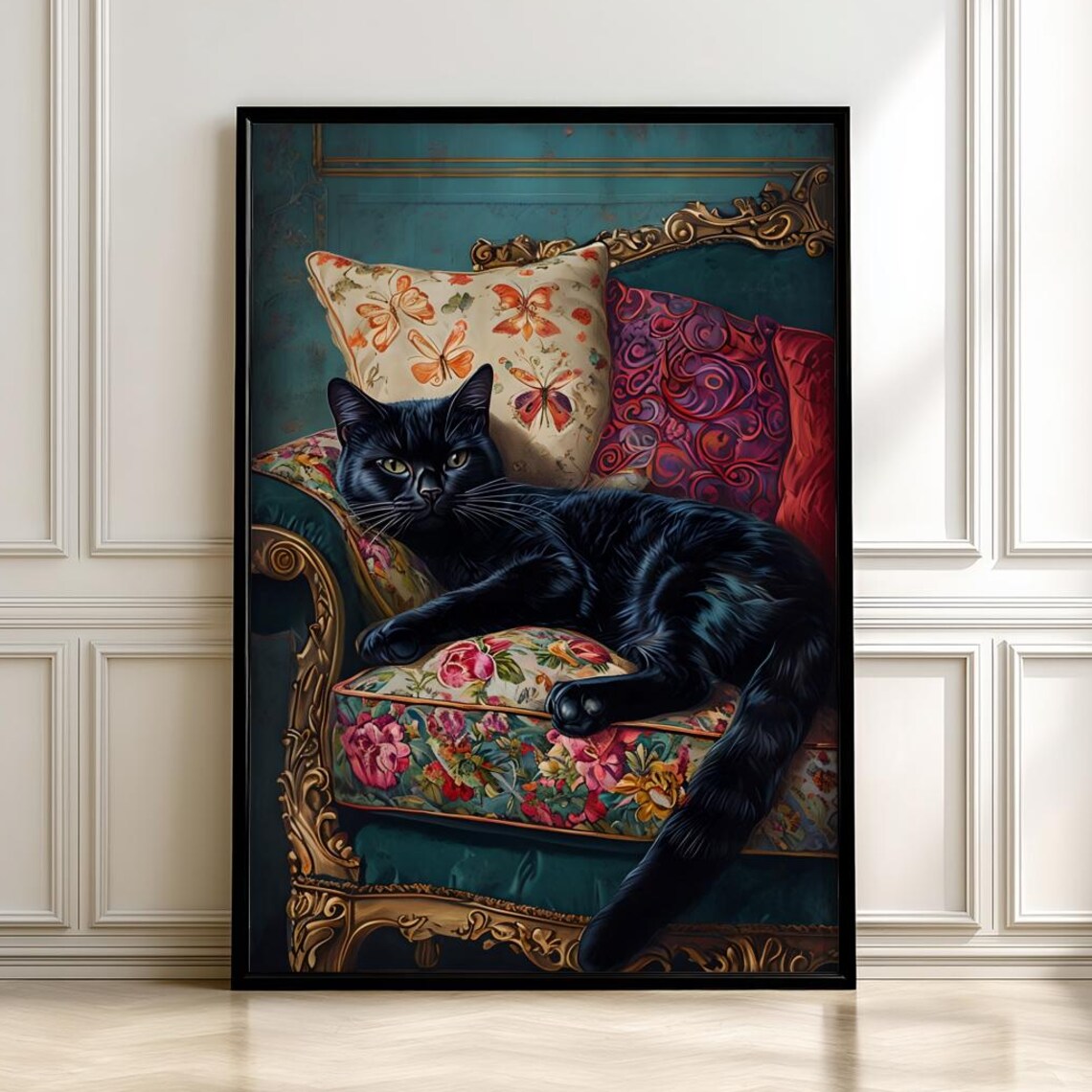 Floral Vintage Black Cat Poster Print, Whimsical
