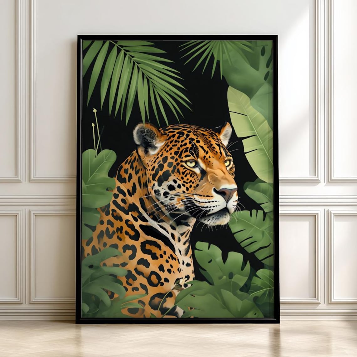 Spotted Big Cat In Jungle Tropical Leaves Wildlife Art Poster