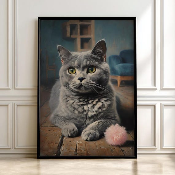 Vintage Grey Cat Whimsical Poster Print