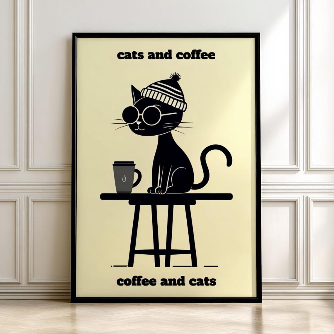 Whimsical Cat And Coffee Wall Decor Minimalist Black Posterdigital
