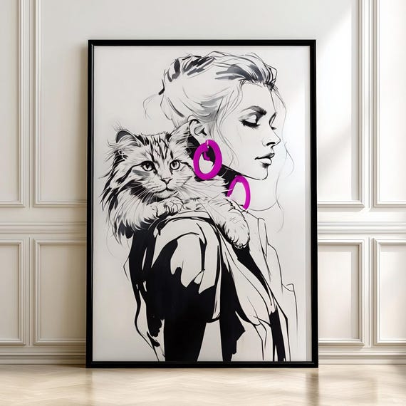 Woman Holding Cat Line Art Sketch Magenta Accent Minimalist Poster