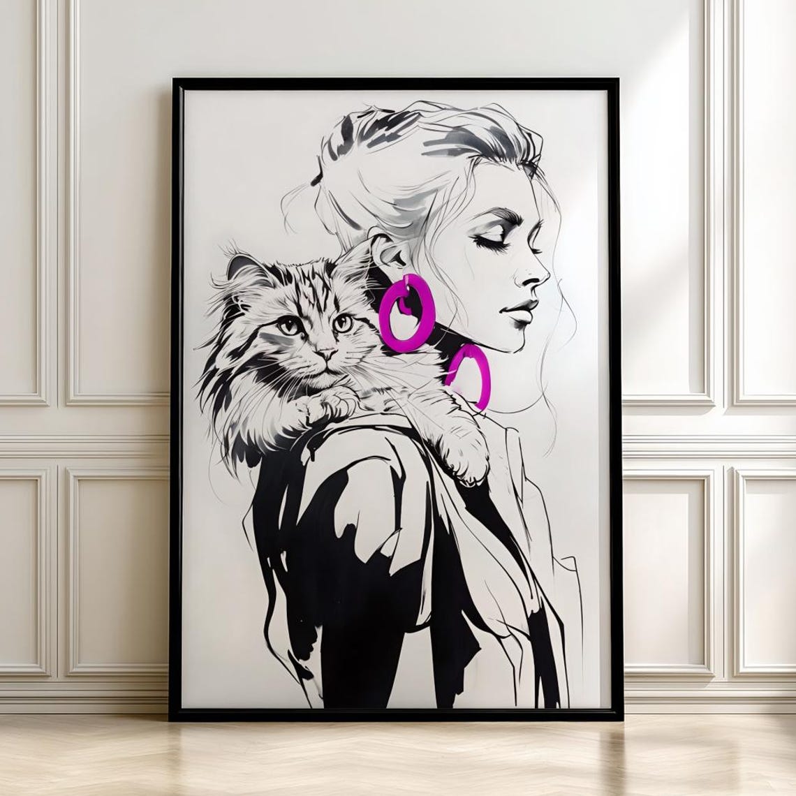 Minimalist Woman And Cat Line Art Print Modern Black White Posterdigital