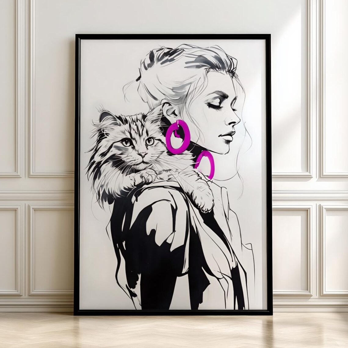Woman Holding Cat Line Art Sketch Magenta Accent Minimalist Poster