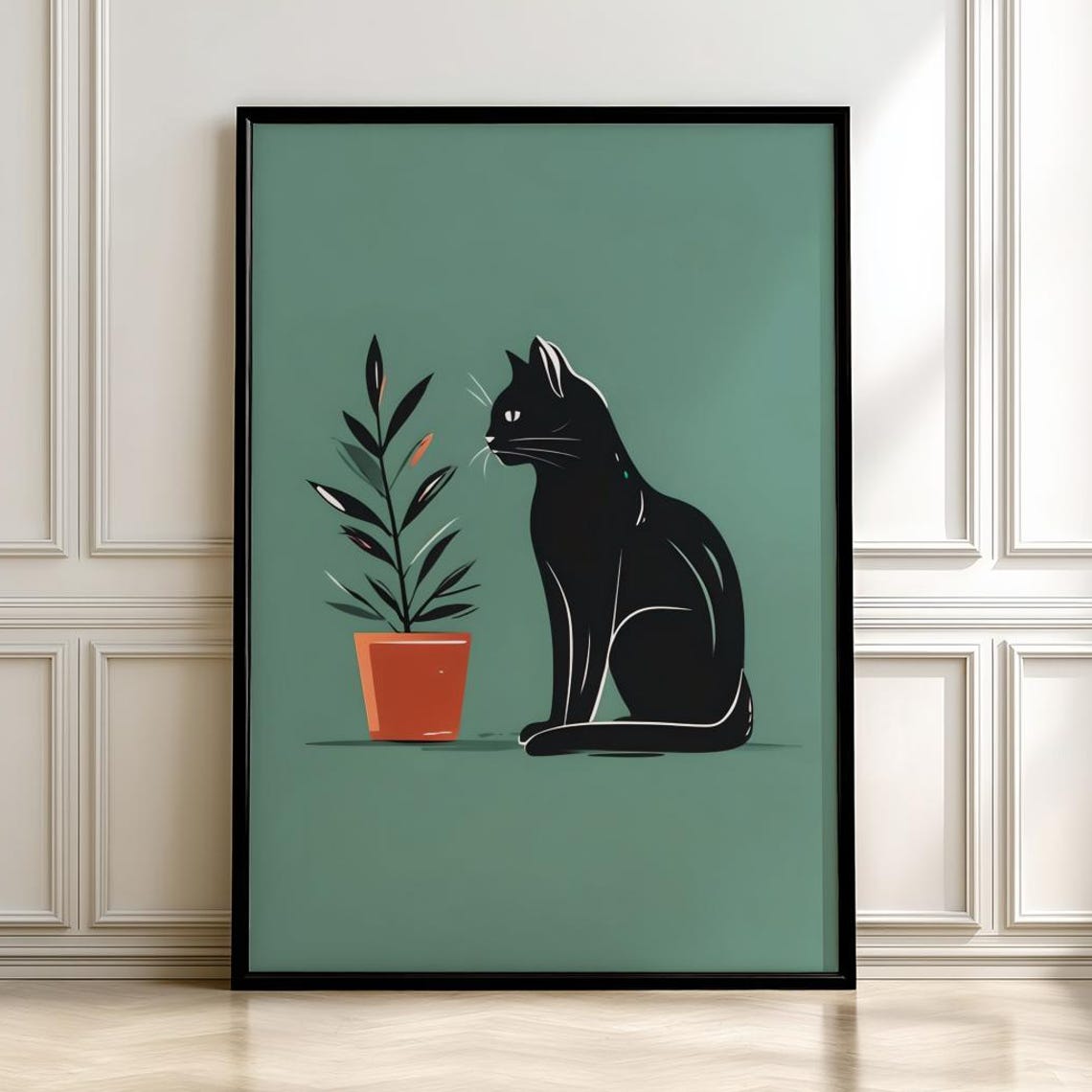 Minimalist Black Cat And Plant Art Scandinavian Boho Posterdigital