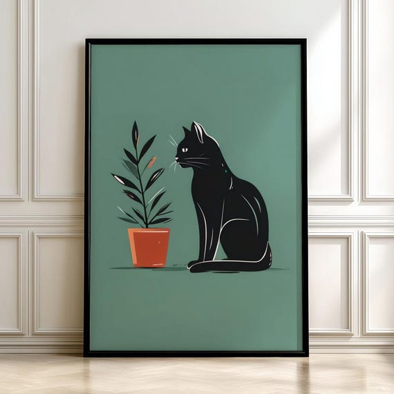 Minimalist Black Cat And Plant Art Scandinavian Boho Posterdigital