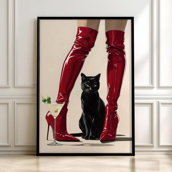 Glamorous Woman in Red Thigh High Boots Black Cat Martini Poster