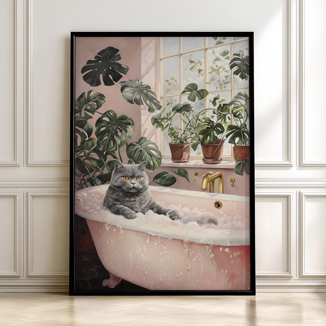 Adorable Gray Cat in Pink Bubble Bath Cozy Bathroom Wall Poster