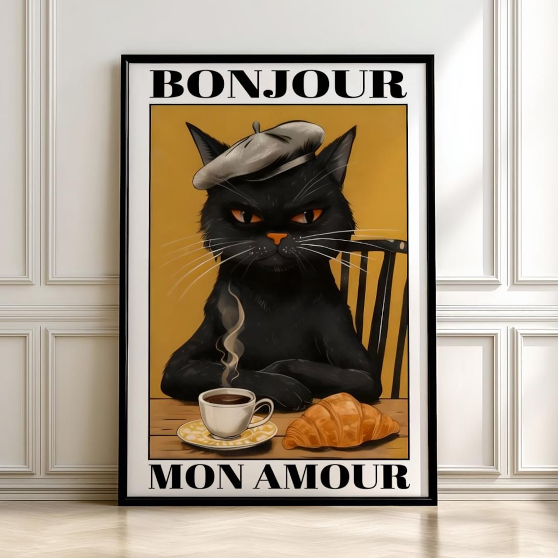 Bonjour Black Cat In Beret At French Cafe Vintage Style Poster