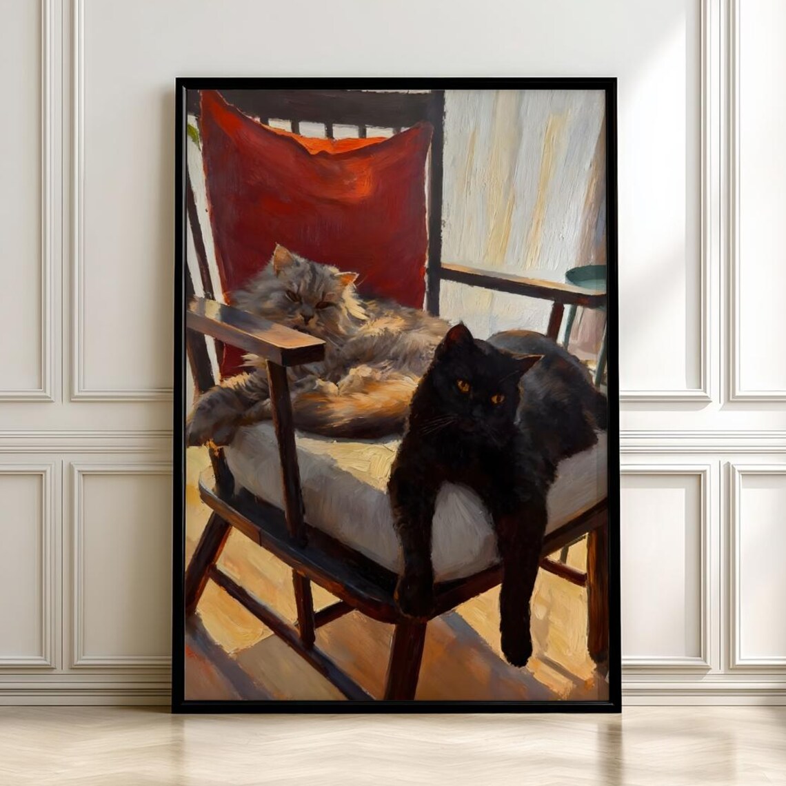 Cozy Cats On Sunlit Chair, Whimsical Pet Portrait
