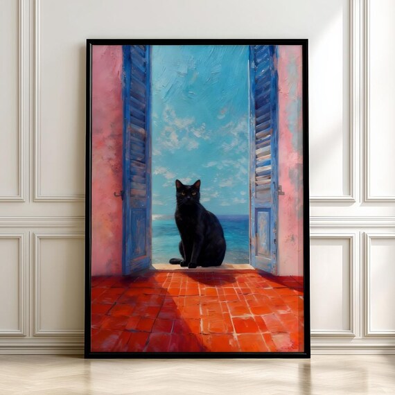 Black Cat By The Sea Mediterranean Doorway Vibrant Coastal Art Poster