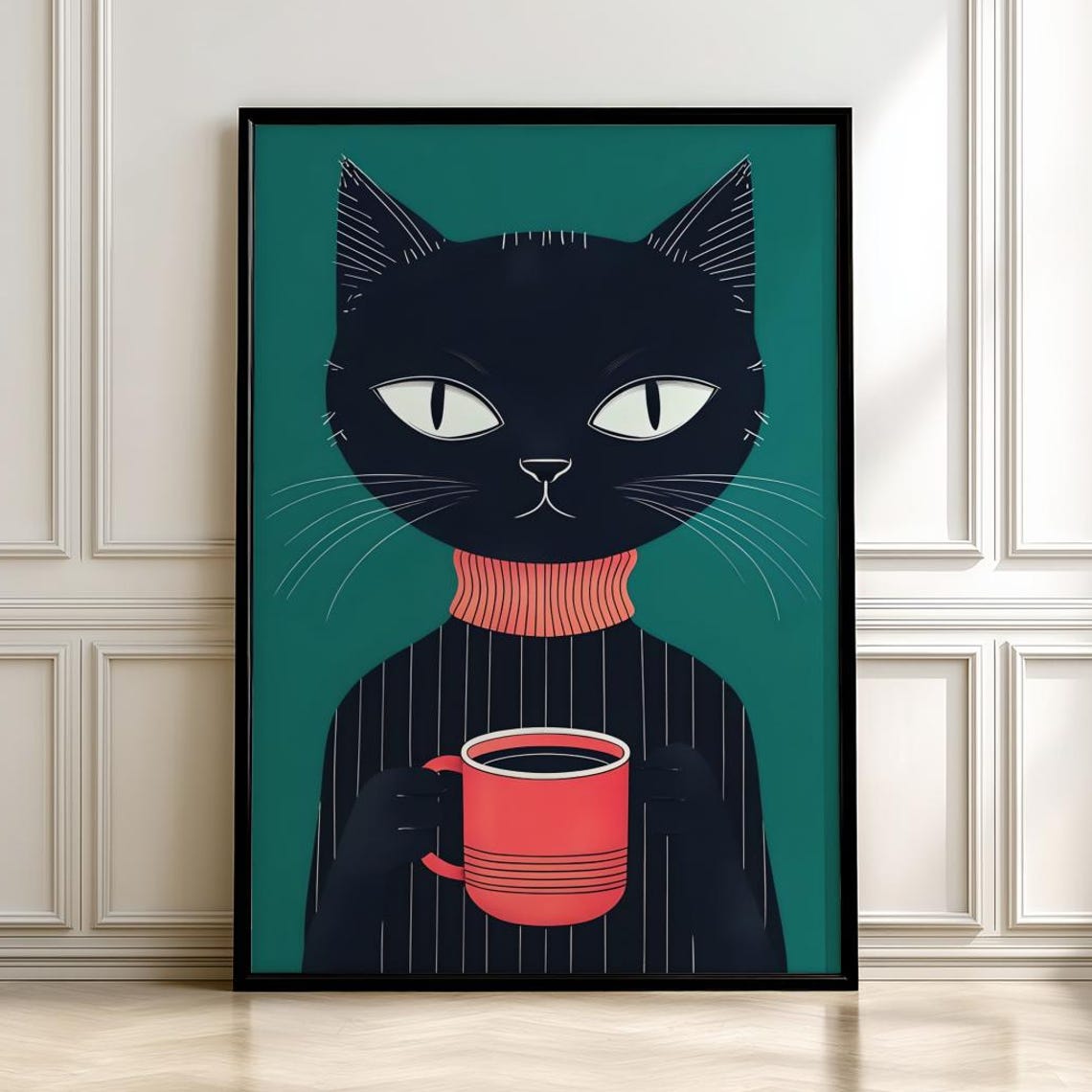 Minimalist Black Cat Art Print Cozy With Coffee Posterdigital
