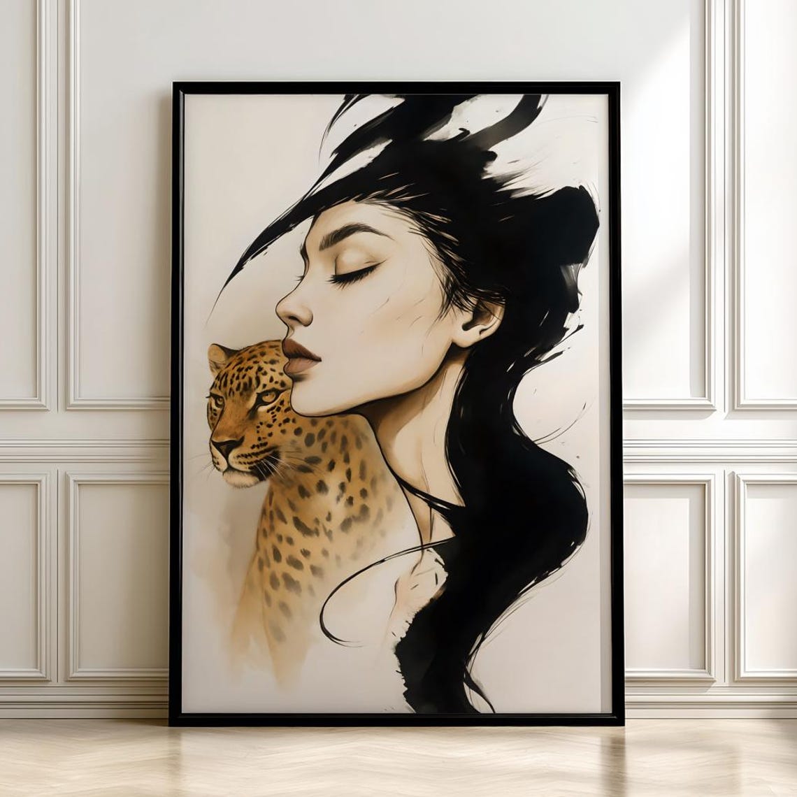 Leopard And Woman Art Print Wild Boho Wall Decor Jungle Animal Posterdigital