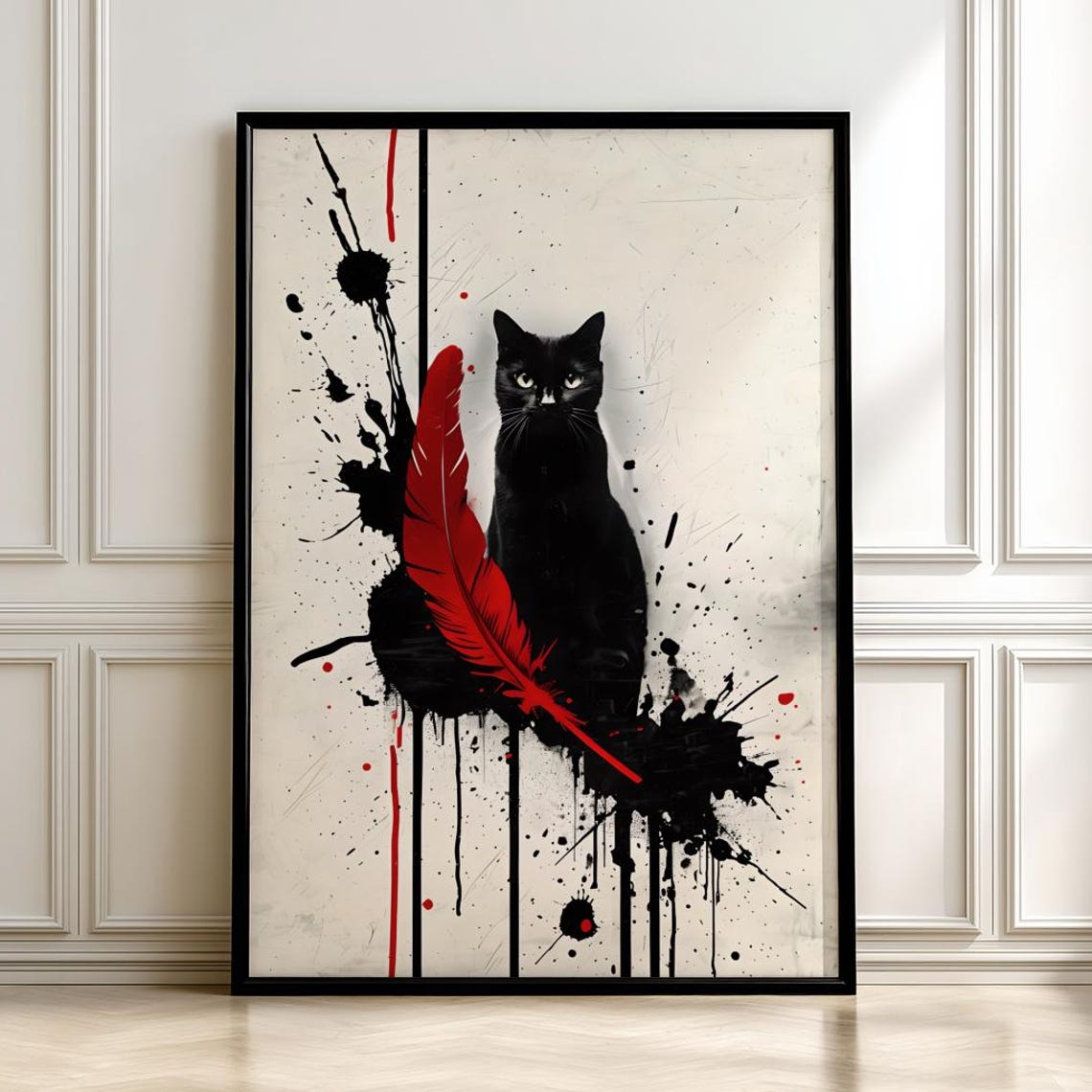 Gothic Black Cat Art Print Modern Abstract Ink Splatter Posterdigital
