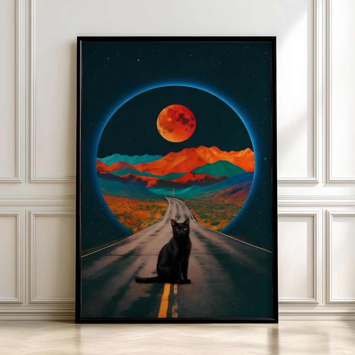 Surreal Cosmic Black Cat Space Poster, Boho Fantasy