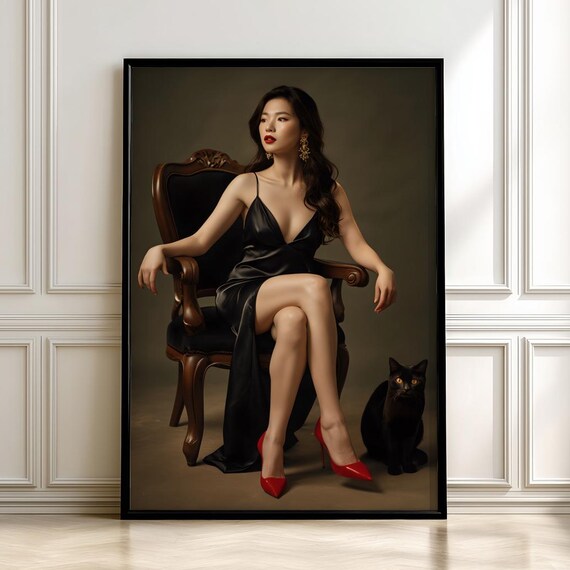 Glamorous Woman Black Dress Red Heels Black Cat Vintage Art Poster
